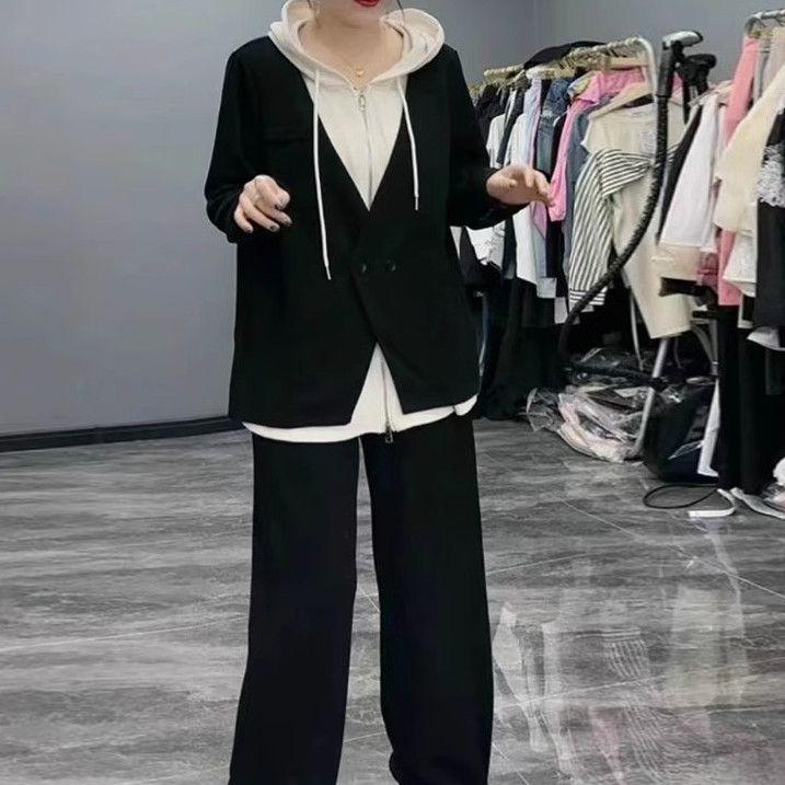 Plus Size Lazy Style Fake Two-piece Hooded Sweater Suit Women's Autumn and Winter Wide-leg Pants Two-piece Suit