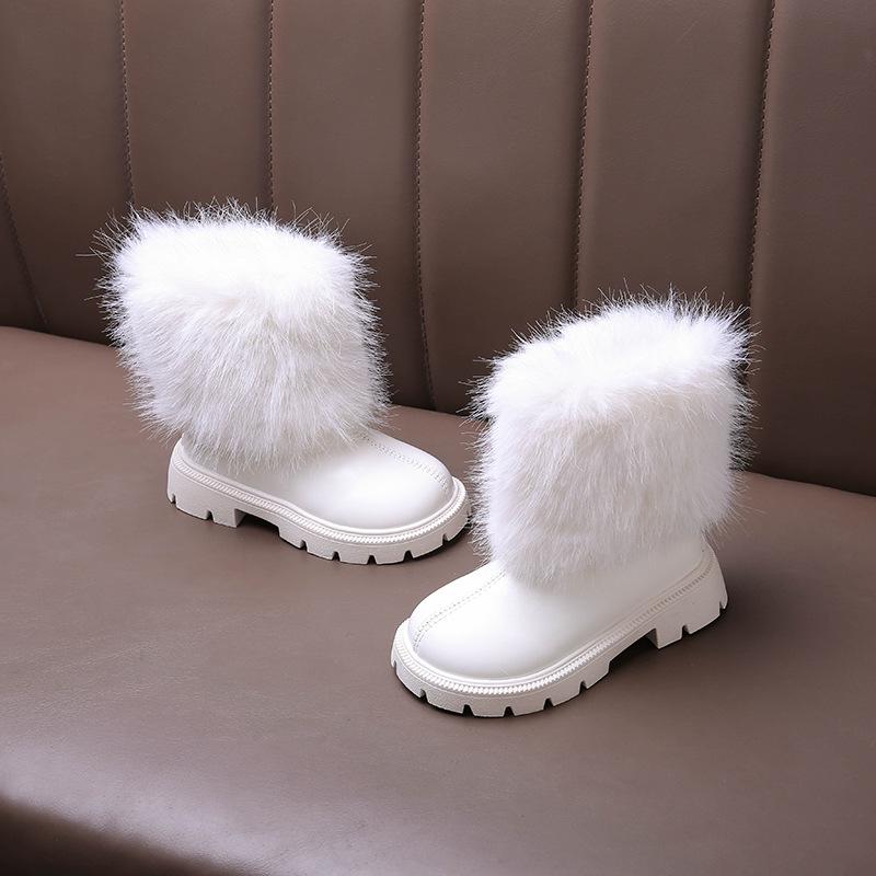 

Модные кожаные полусапоги для девочек на осень/зиму 2025 года с меховой отделкой и мягкой подошвой Size 30: Inner length 19cm белый