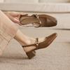 Sheepskin Square Toe Empty Mary Jane Shoes with Metal Buckle, Straight Strap, Thick Heel, Middle Heel, Commuting Women's Shoes