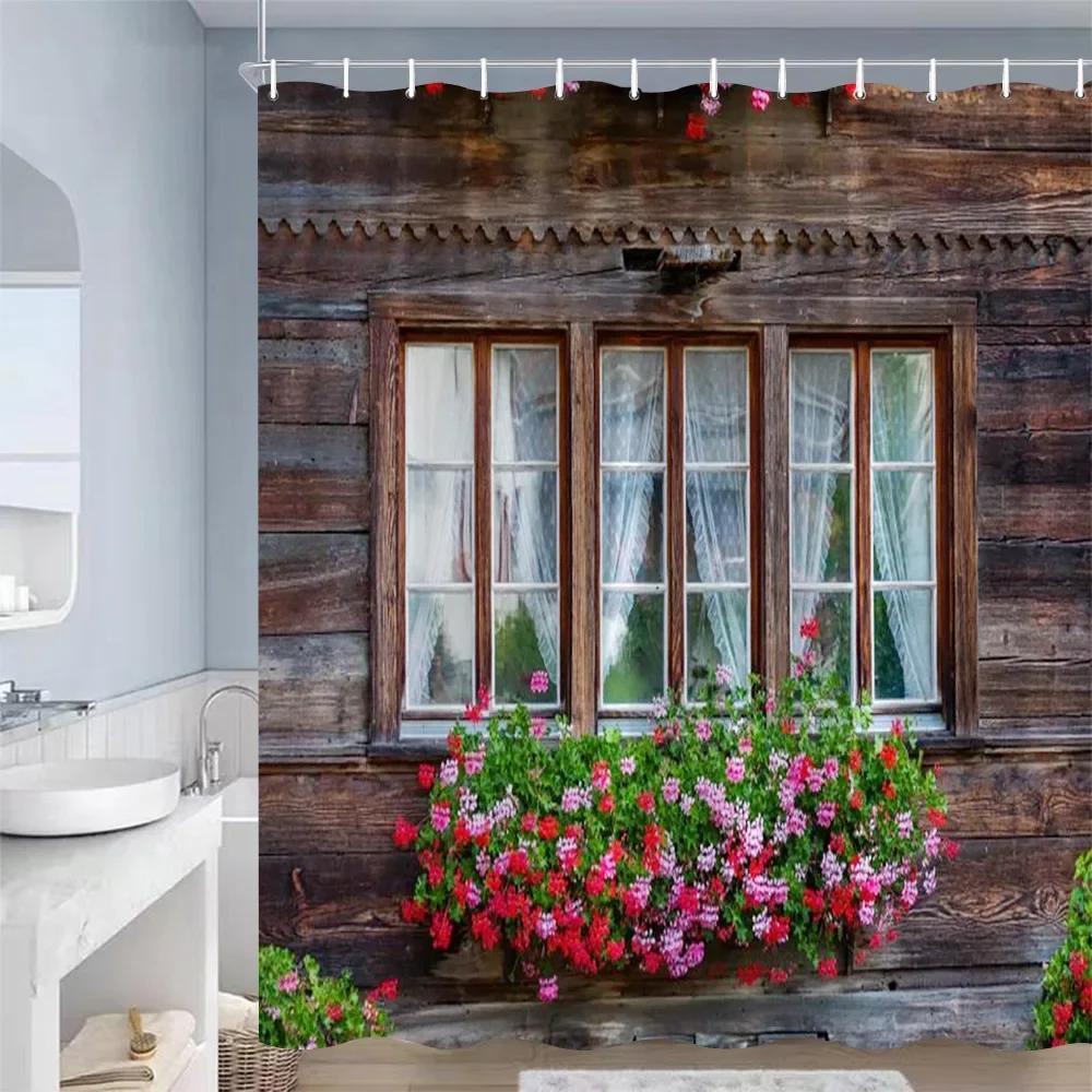 

Занавески для душа в деревенском стиле с изображением деревянной двери, амбарное колесо, зеленое растение, серая доска, занавеска для ванной, полиэстеровая ткань, декор для ванной комнаты с крючками 300x180cm-118x70in