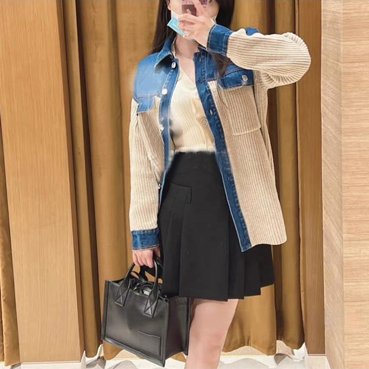 Autumn New Jacket Women Sweaters Coat Patchwork Wadded Coat Cardigan Knitting Pockets Fake Two-Piece Sweater