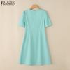 ZANZEA Damen Sommerkleid mit Rundhalsausschnitt, einfarbig, lässig, kurzärmelig