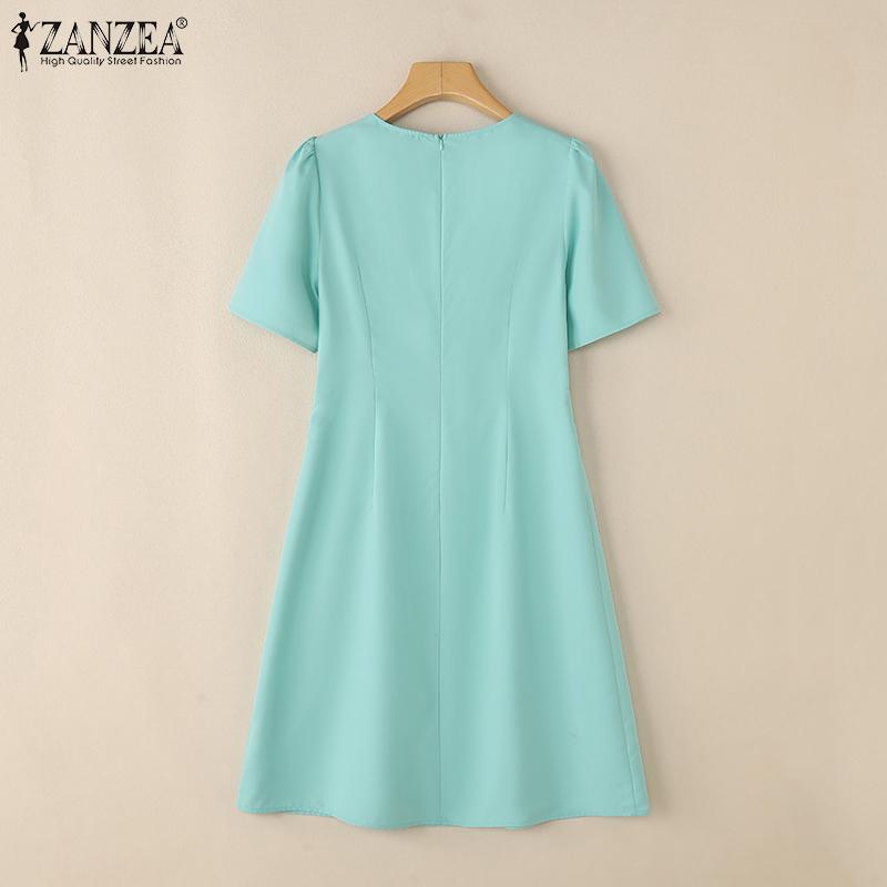 ZANZEA Damen Sommerkleid mit Rundhalsausschnitt, einfarbig, lässig, kurzärmelig