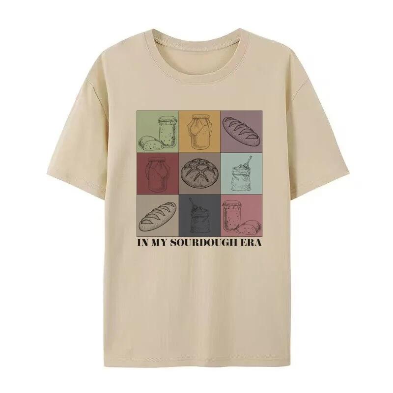 Sourdough Era Funny Print T-Shirts Cute Vintage Baking T Shirt Loose Female Shirt Cotton Short Sleeve Graphic Tops