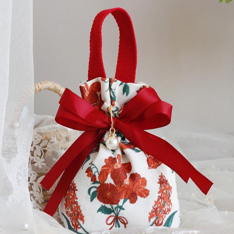 Small Floral Canvas Drawstring Bag Small Bowknot Jewelry Pouch With Pearl Chain Wedding Candy Packaging Bag