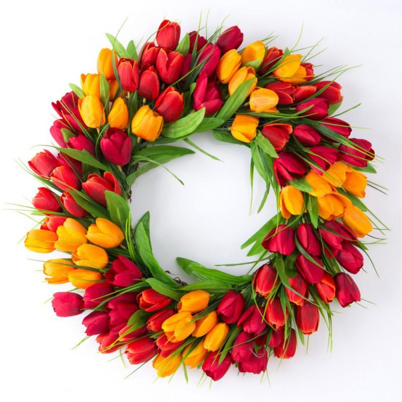 Artificitial Tulip Wreath Front Door Hanging Decoration 40cm Floral Garland Wall Pendant for Home Decor Wedding