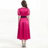 Elegant Evening Party Dress Summer Women Cross V-Neck Puff Short Sleeve Satin High Waist Belt Lace Up Midi Dress