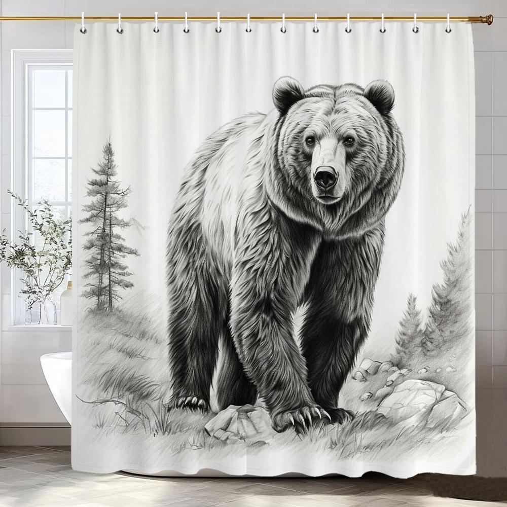 1 Piece Black Line Forest and Bear Shower Curtain, Bathroom Decorative Shower Curtain, Waterproof Shower Curtain with Hooks