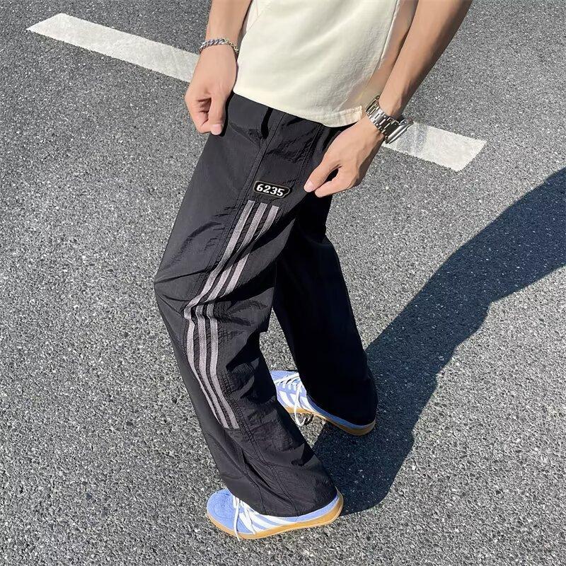 Striped straight-leg pants men's summer thin quick-drying ice silk casual pants loose wide-leg trousers