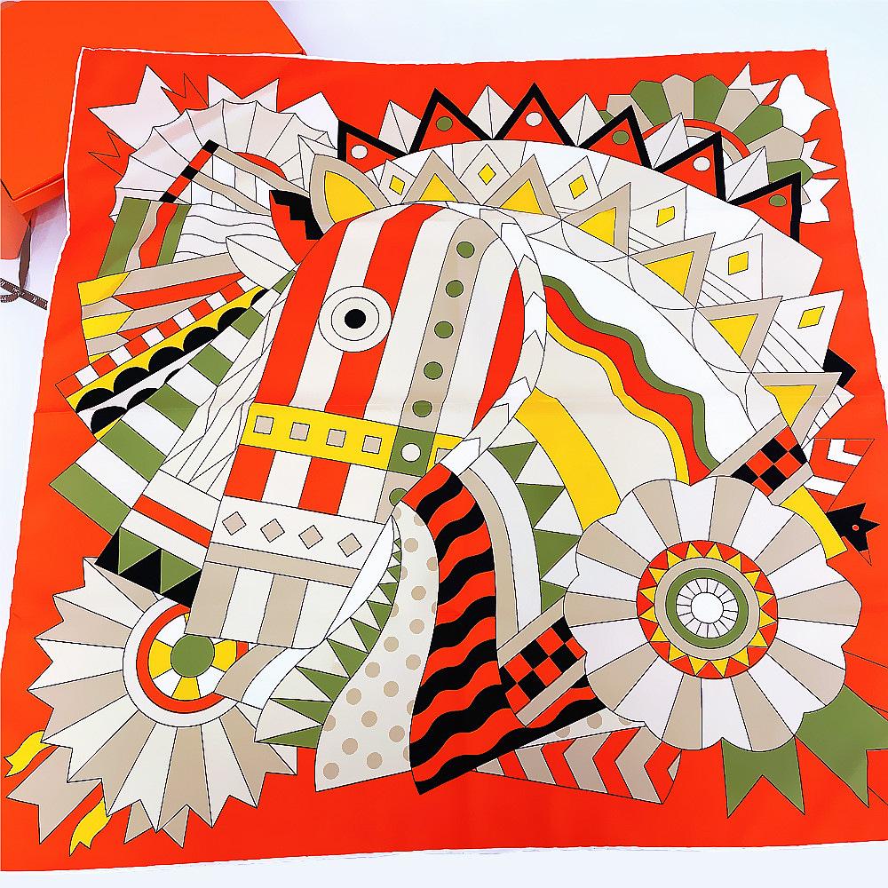 New Handmade curled silk feeling scarf women 90cm Horse twill silk square scarf Retro printing silk scarf shawl Headband