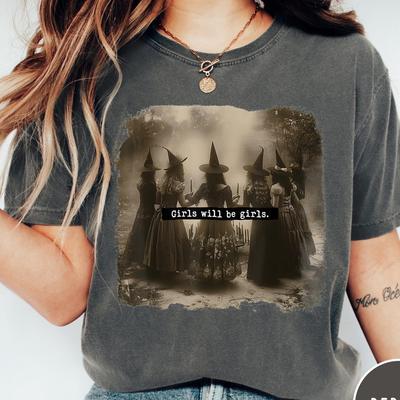 Maglietta Vintage Comfort Colors® Girls Will Be Girls, Maglietta Femminista, Magliette di Halloween per Donne, Atmosfera da Strega, Maglietta Divertente da Strega