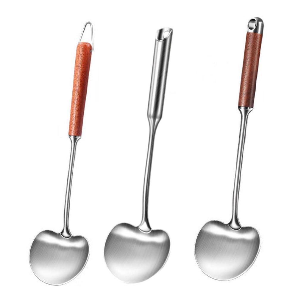 Stainless Steel Kitchen Cooking Spoon with Wooden Handle for Frying and Stirring Featuring Hanging Hole for Convenience