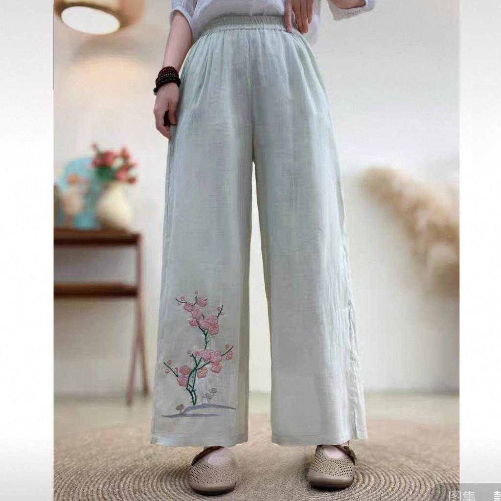 Summer National Style New Chinese Trousers Women's Elastic Embroidered Ethnic Style Embroidered Casual Trousers Retro Loose Wide-leg Trousers