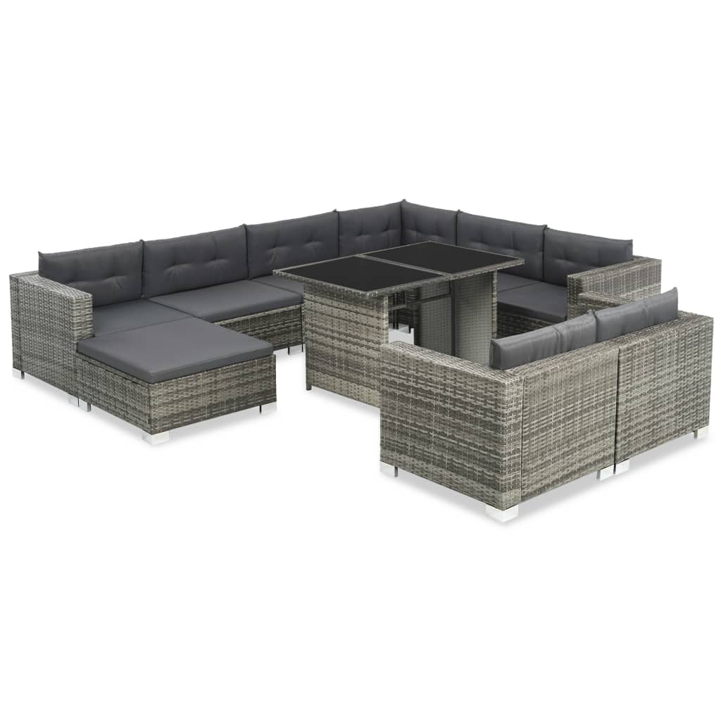 10 piece garden lounge set with cushions poly rattan grey