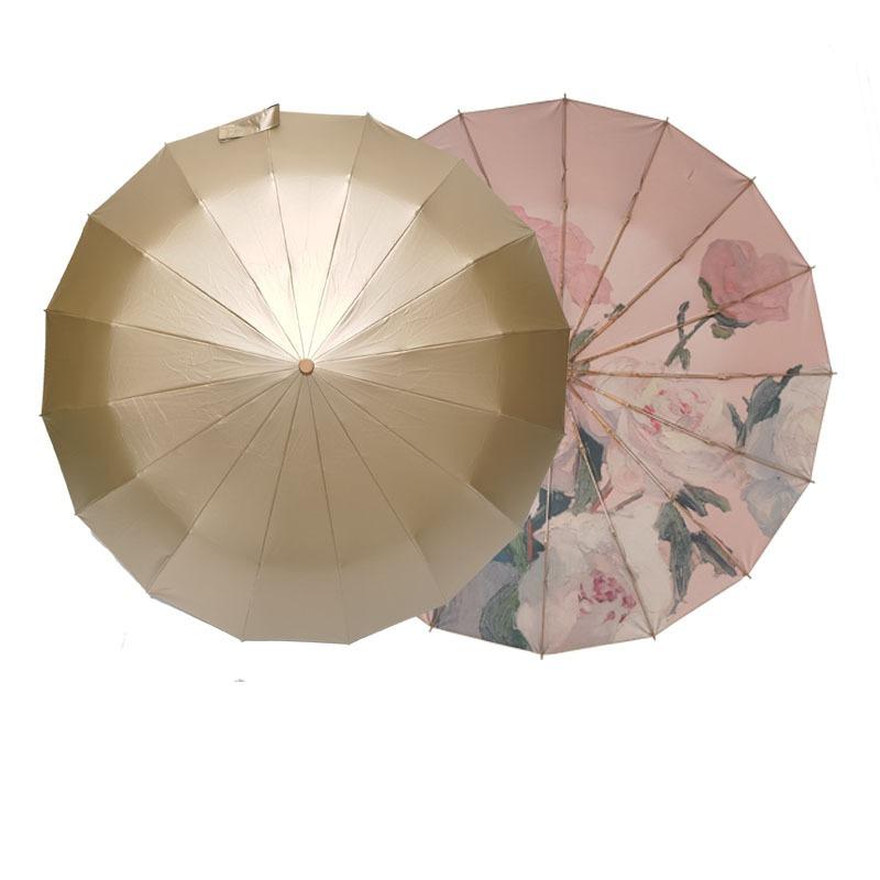 New creative three-fold 16-bone titanium hand-opened umbrella retro solid wood handle parasol sun umbrella
