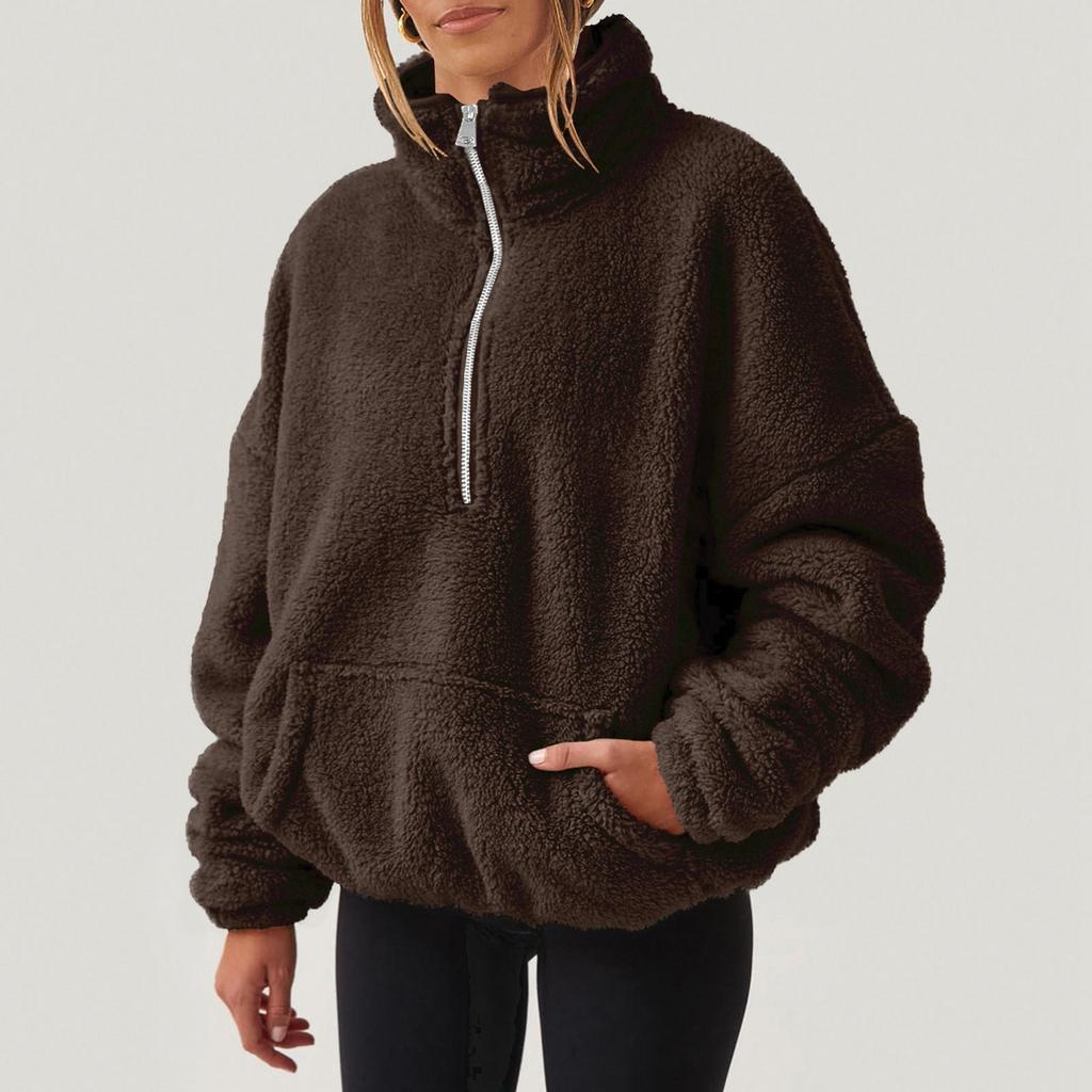 Women's Plush Sweatshirt Womens Fashion Casual Long Sleeve Pocket Drawstring Hooded Zipper Thick Pullover Sweatshirt