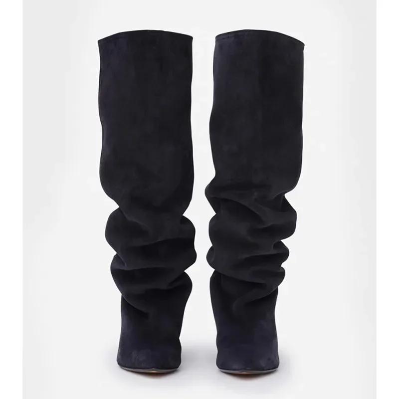 Fashion New Fashion Lazy Pleated Cow Suede Knee High Boots Autumn Winter Round Head Low-heel Short Plush Warm Women Long Boot Size 34-43