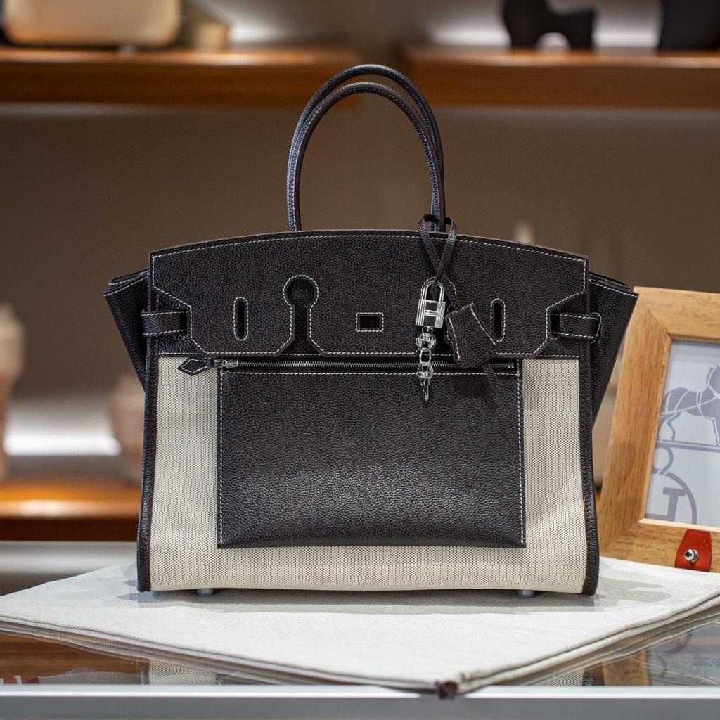 Cross-border first-layer cowhide canvas Shaffy thread oblique needle craft pair bag king platinum 30/35 genuine leather handbag