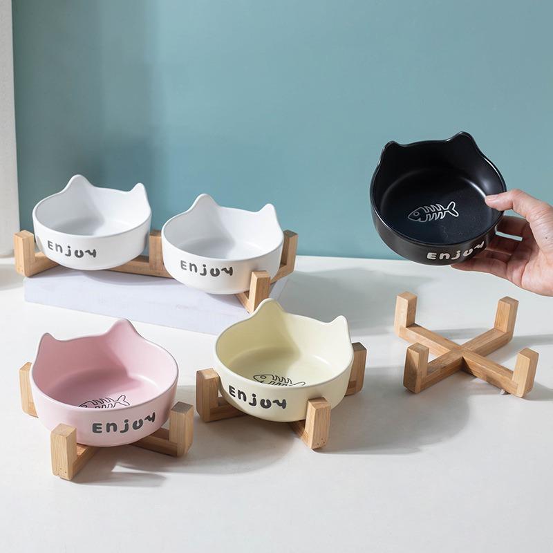 3pcs/set (1pc Rack + 2pcs Bowl) Non-Slip Ceramic Double Pet Food Bowl for Cats and Dogs - Prevents Spills and Slips
