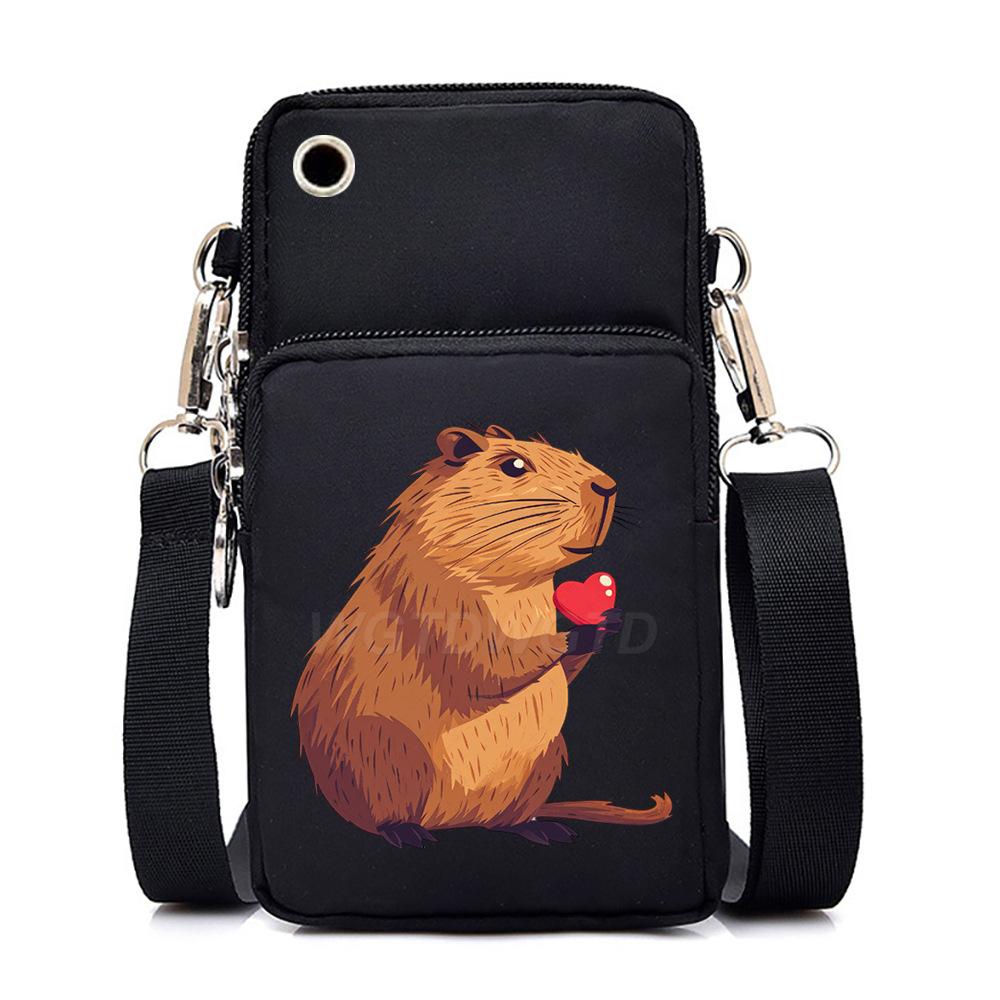 Multifunctional vertical black shoulder bag printed cartoon casual men's and women's portable mobile phone bag messenger bag