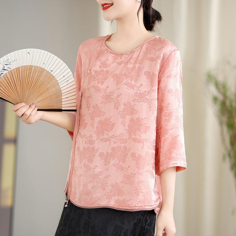 1116 Spring and Summer New Chinese Style Printed Satin Crew Neck Shirt Tea Clothing Loose Shirt Literary Fan