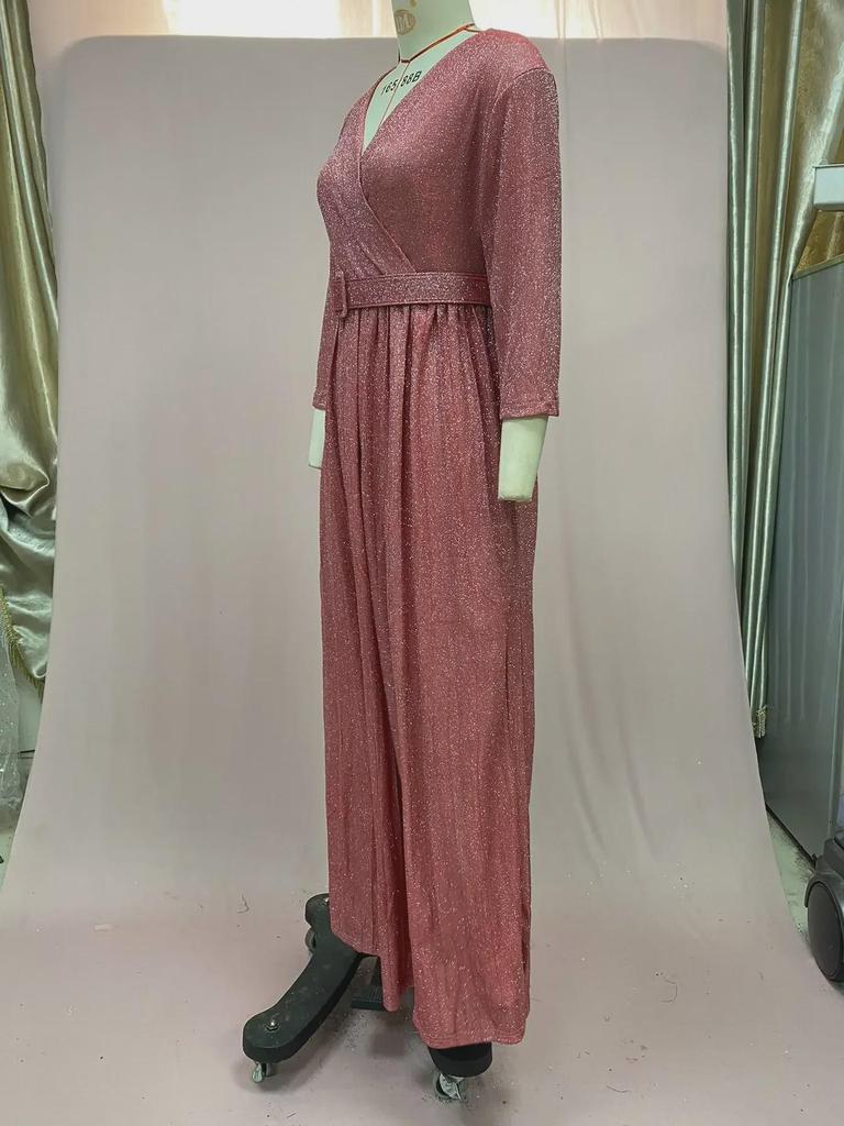 Moda Inverno 2025 Abito da Donna Plissettato con Stampa Oro Maniche Lunghe Gonna Ampia con Cintura Rosa Brillante