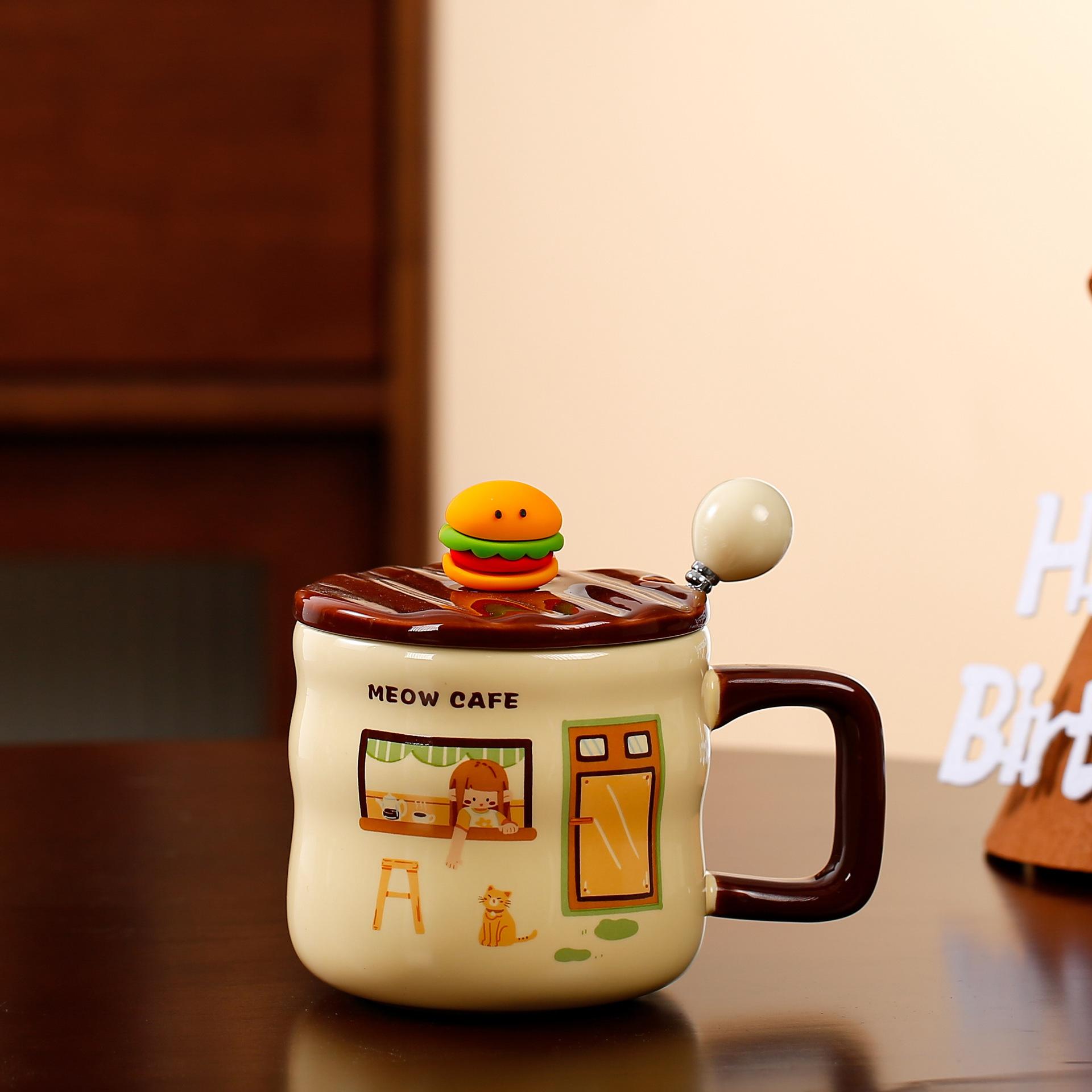 

Милая керамическая чашка для бургера с крышкой, ложкой, креативная кружка, бытовая пара, чашка для воды, кофейная чашка, сувенир, подарочная чашка 380ML