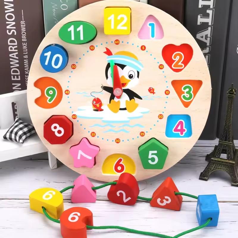 Children's Wooden Clock Puzzle Toys Cognitive Numbers Clock Educational Early Learning Threading Assembly Toys for Kids