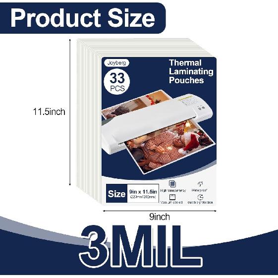 33 PCS Laminating Sheets 9”x11.5”, Thermal Laminating Pouches, 3mil Plastic Paper Laminate Sheets, Laminator Sheets Plasticized Craft Office and