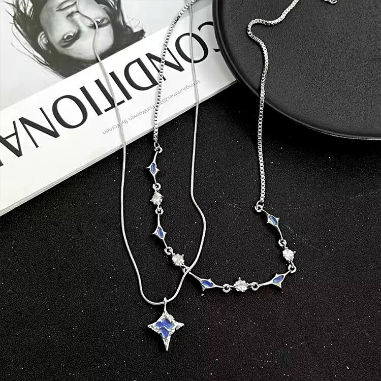 2025 Blue-Green Double-Layer Star Necklace: Unique Niche Design & Fashionable Sweater Chain for Women.