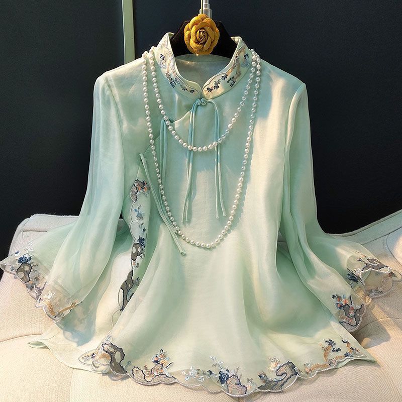 

Весна Лето Новая Мода Рубашка с Длинным Рукавом Женская Уличный Повседневный Винтажный Элегантный Пуговицы Вышивка Китайский Стиль Шикарные Топы M зелёный