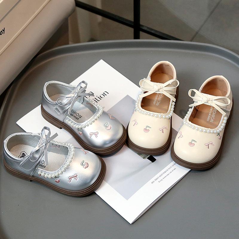 Cherry Leather Bowknot Princess Shoes for Girls - Soft Sole Pearl Trim Flats