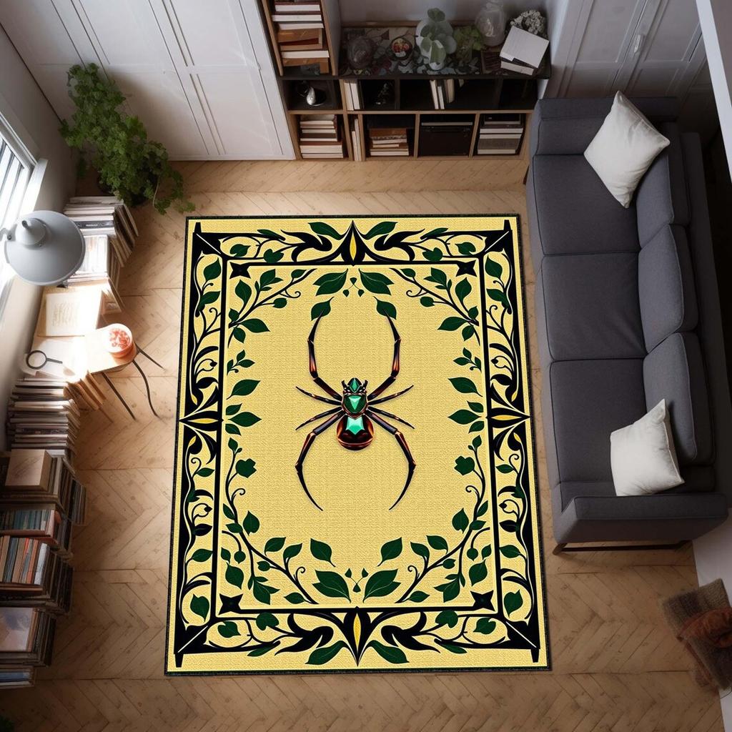 Gothic Spider Art Deco Rug, Mysterious Leave Pattern Area Carpet, Dark Aesthetic Floor Mat, Occult-Inspired Home Decor Rug