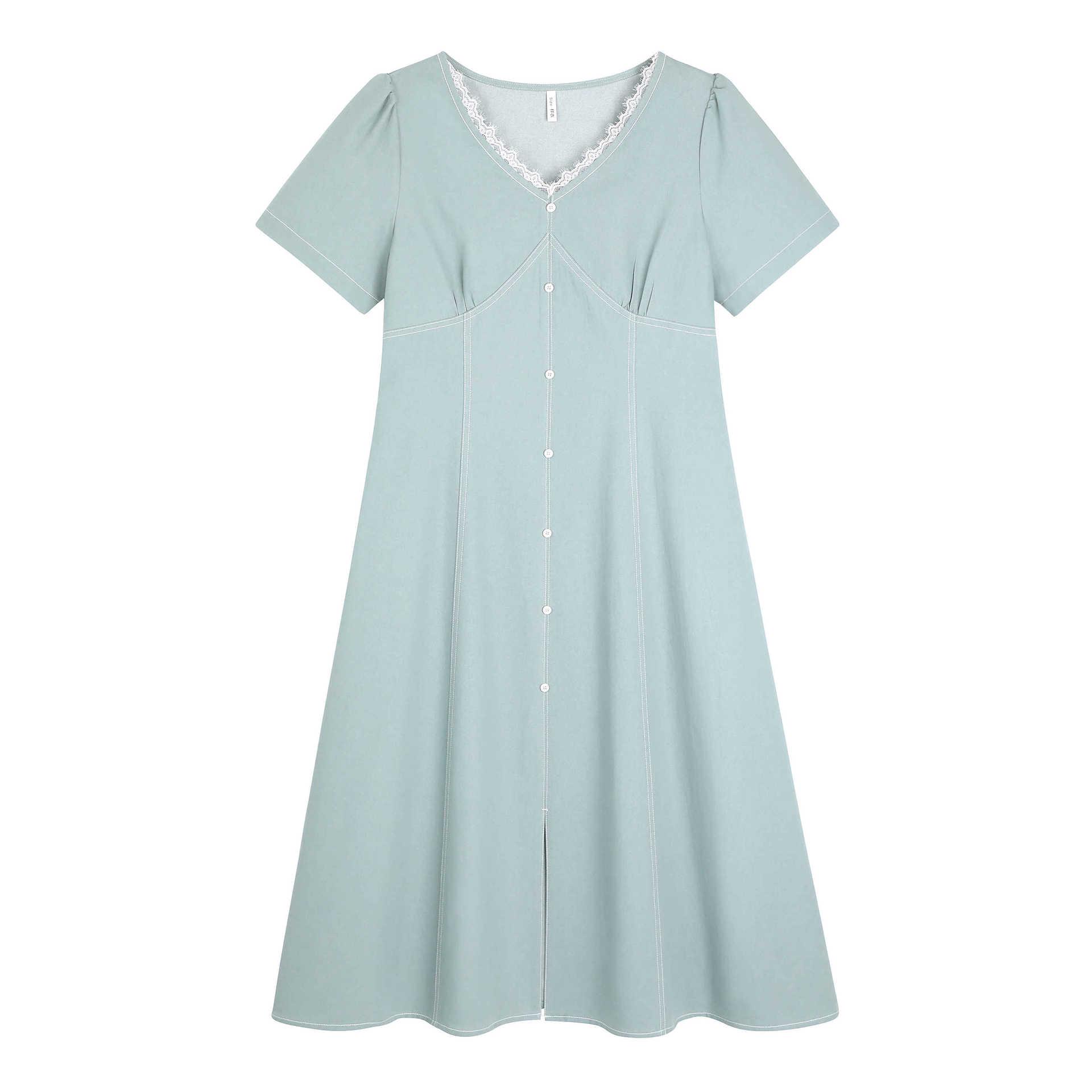 

Korean V-Neck Lace Patchwork Washed Denim Dress - Plus Size, Relaxed yet Slimming Fit, Style 65444 5XL (for 100-110 kg) светло-синий