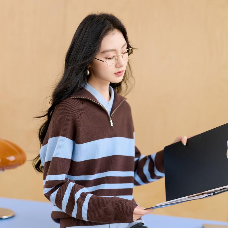 Sancai 2025 Autumn Striped Knit Sweater with Zipper Turn-down Collar