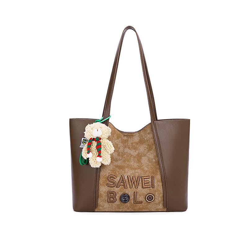 Autumn and Winter College Style Retro Commuting Versatile Large Capacity Spliced Contrasting Crossbody Tote Bag