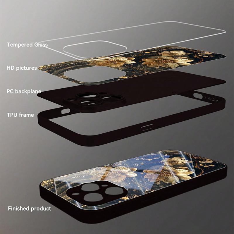 Funda de cristal templado con estampado de flor de loto dorada para iPhone 11 12 13 14 15 16 17 Pro Max 16E 17Air 7 8 Plus XR XS X