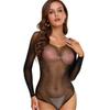 Womens Babydoll Lingerie Sheer Fishnet Mesh Long Sleeve Bodysuit Sparkling Rhinestones Jumpsuit Leotard Top Nightwear