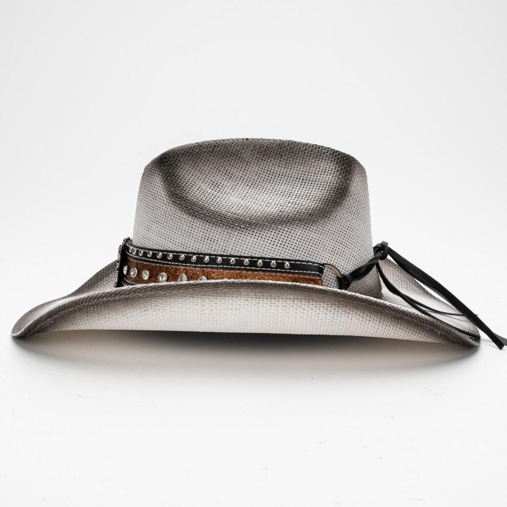 (M, White) Straw Sun Hat Breathable Western Style Cowgirl Hat Stylish Bull Head Belt Wide Brim Beach Cap