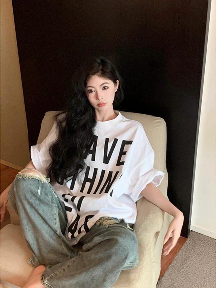 Vintage Koreanisches Plus-Size Kurzarm Damen Locker Geschnitten Mittellanges T-Shirt