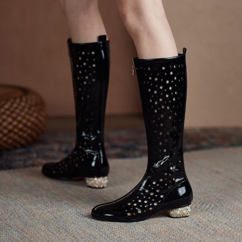 Krazing Pot – bottes d'été à bout rond en microfibre, décorations creuses à la mode, bottes d'été, cuissardes hautes