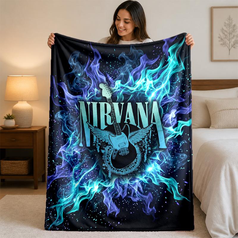 Nirvana Print Flannel Blanket Cozy Lightweight Plush Throw Blanket For Bed Sofa Household Use