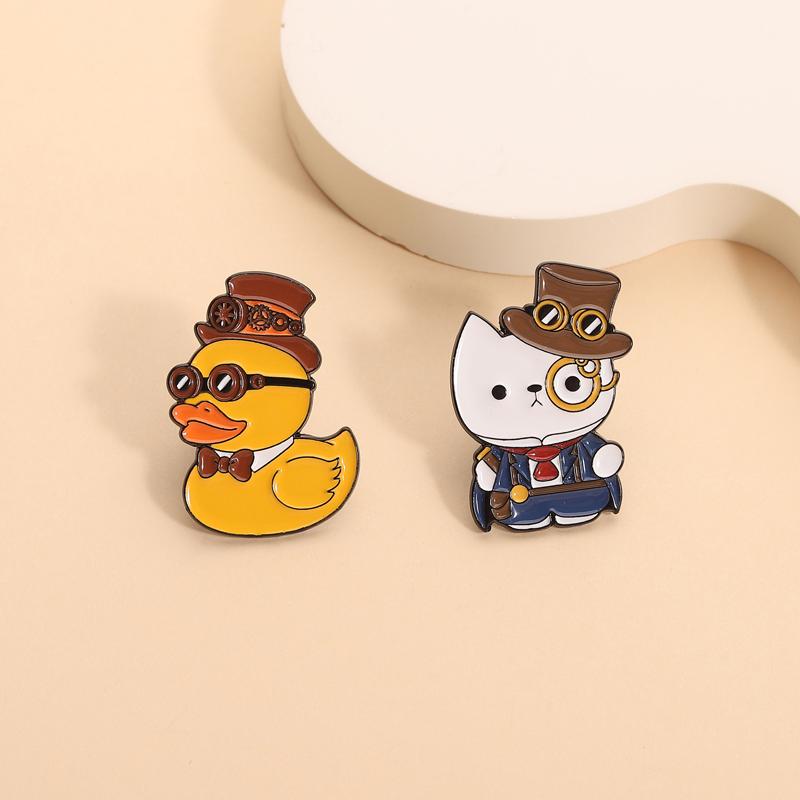 Steampunk Enamel Pins Fun Cute Cat Duck Brooches Lapel Badges Cartoon Cool Animal Jewelry Gift for Kids Friends