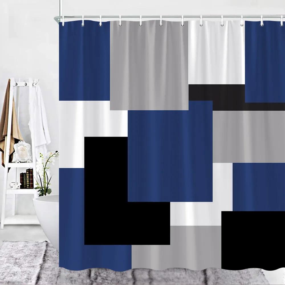 Abstract Geometric Black White Red Shower Curtain 3D Block Square Elegant Frame Modern Decor Fabric Bathroom with Hook Grey