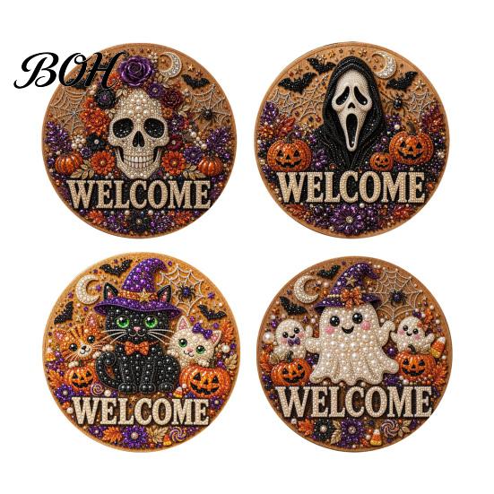Beginner Friendly Door Sign Kit Halloween Faux Pearl Kit, Ghost Skull Skeleton Cat Welcome Decorative Painting Crafts Handmade Arts for Wall