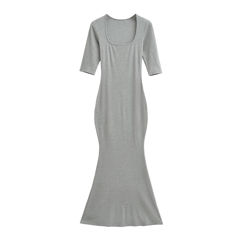 Spicy Girl Slim-Fit Trapezoid Neck Mid-Sleeve Fishtail Dress - Waist-Cinching, Figure-Flattering Skirt