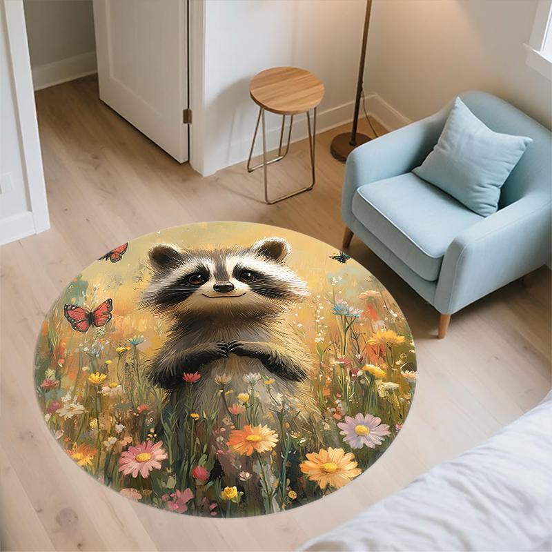 Raccoon and Flowers pattern round rug,Carpet Rug for Living Room Bedroom Playroom ,Non-slip Floor Mat,Holiday Gifts and Birthday Gifts.