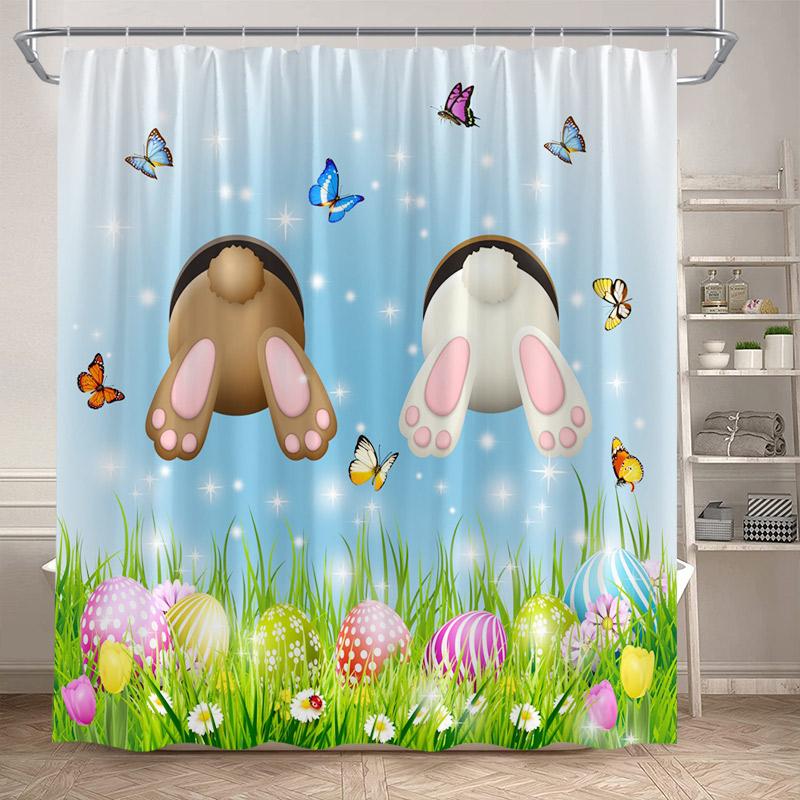 Funny Bunny Easter Shower Curtains Butterfly Watercolour Floral Rabbit Eggs Rustic Fabric Home Bathroom Curtain Decor With Hooks