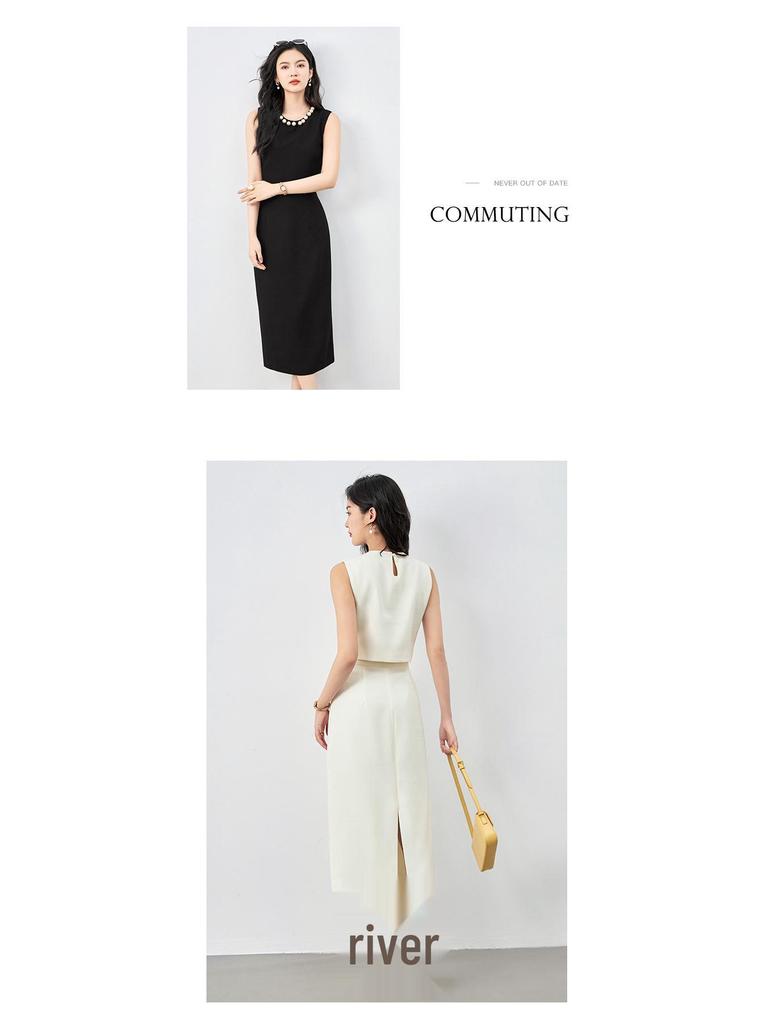 Fashion Pearl Collar Sleeveless Vest & Hip-Hugging Midi Skirt Set