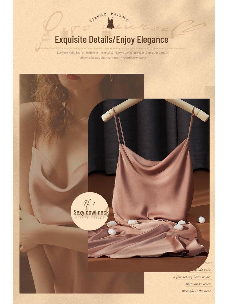 Women's Spaghetti Strap Silk-Style Nightgown - Solid Color Lingerie and Homewear for Spring/Summer